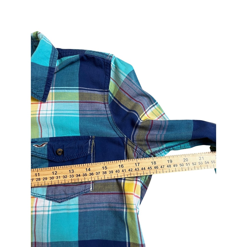 Hollister Blue Teal Yellow Plaid‎ Button Down Cotton  Shirt  M - Picture 4 of 7